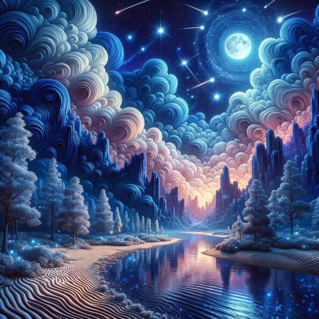 Surreal Landscape with Blue and Purple Clouds and Mountains