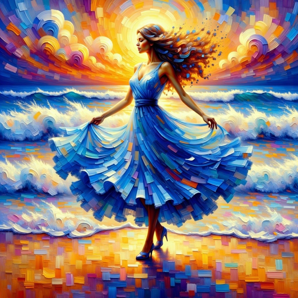 Dancer in Blue Dress at Water's Edge at Sunset