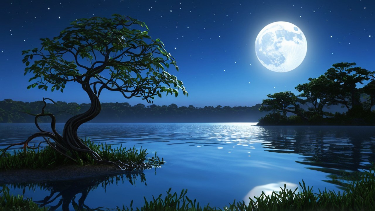 Serene Night Scene with Moonlit Lake and Trees