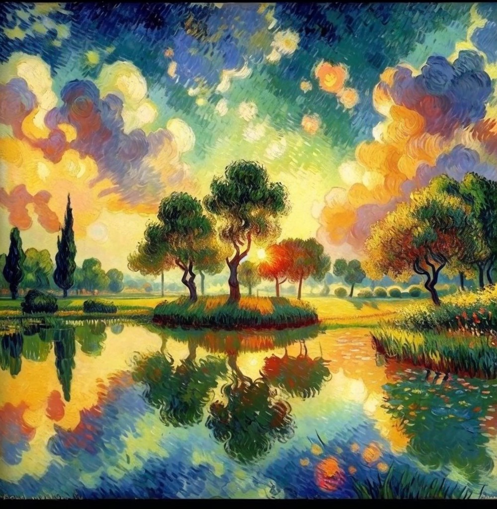 Tranquil Pond Surrounded by Lush Greenery at Sunset