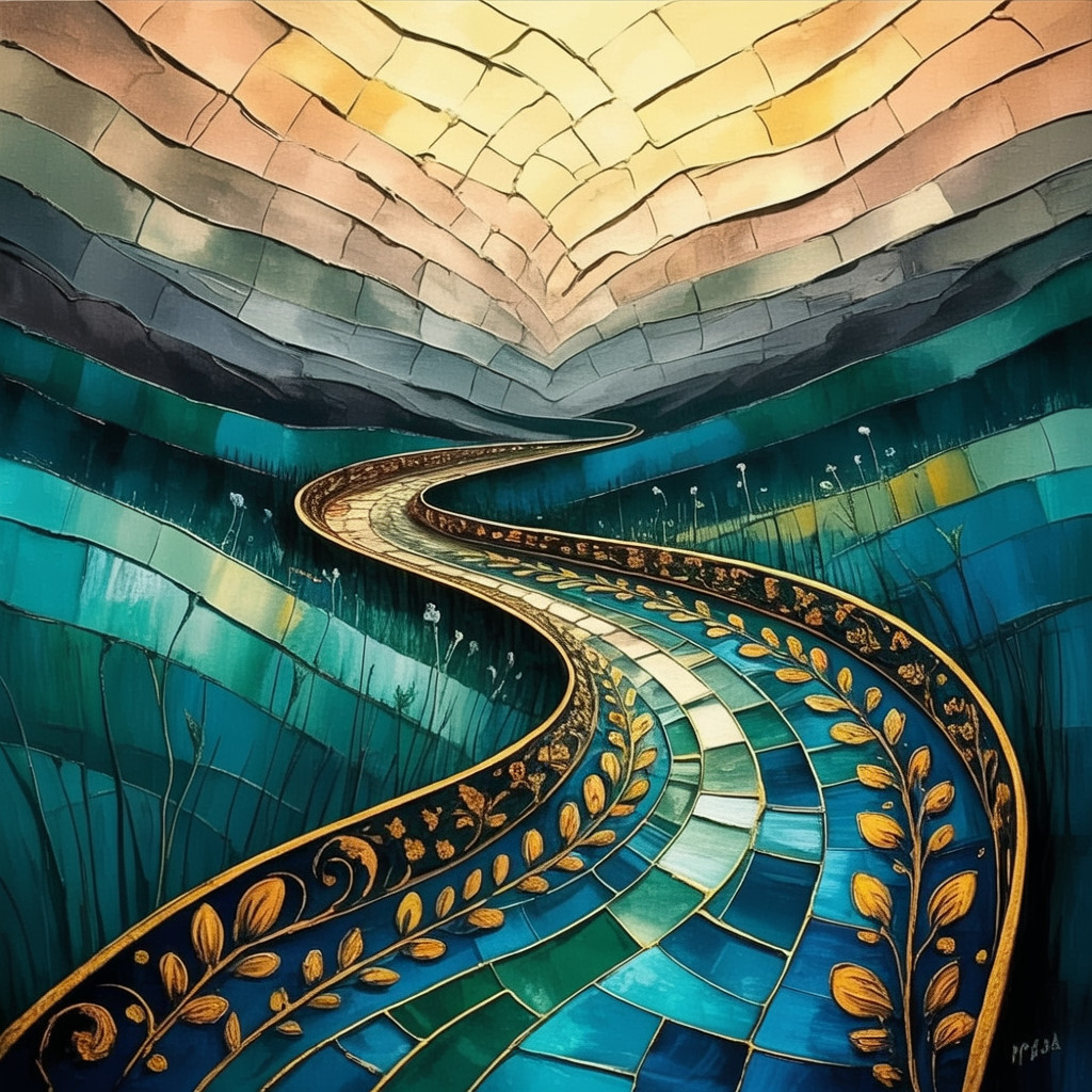 Vibrant Mosaics in a Serene Landscape with Mountains