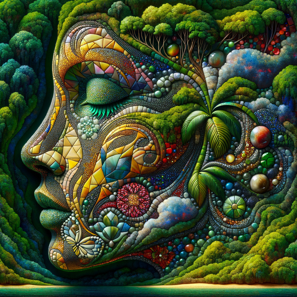 Surreal Face with Geometric Patterns in Green Landscape