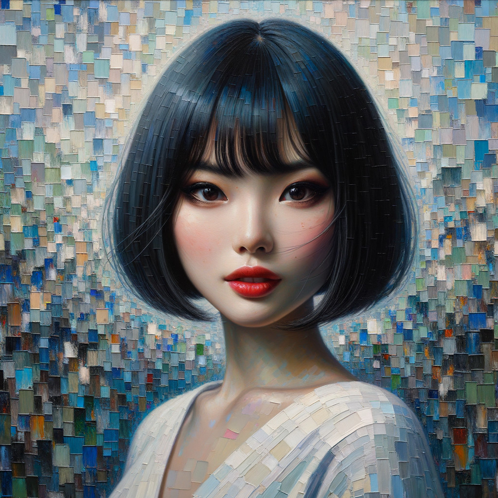 Young Woman with Bob Hairstyle and Mosaic Background