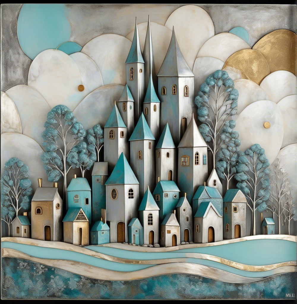 Whimsical Castle with Blue and Silver Landscape