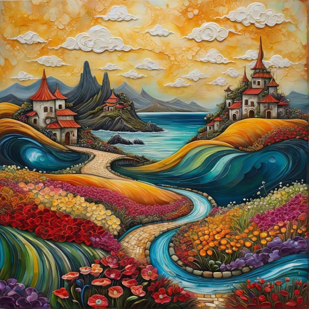 Vibrant Landscape with Flowers, River, and Mountains