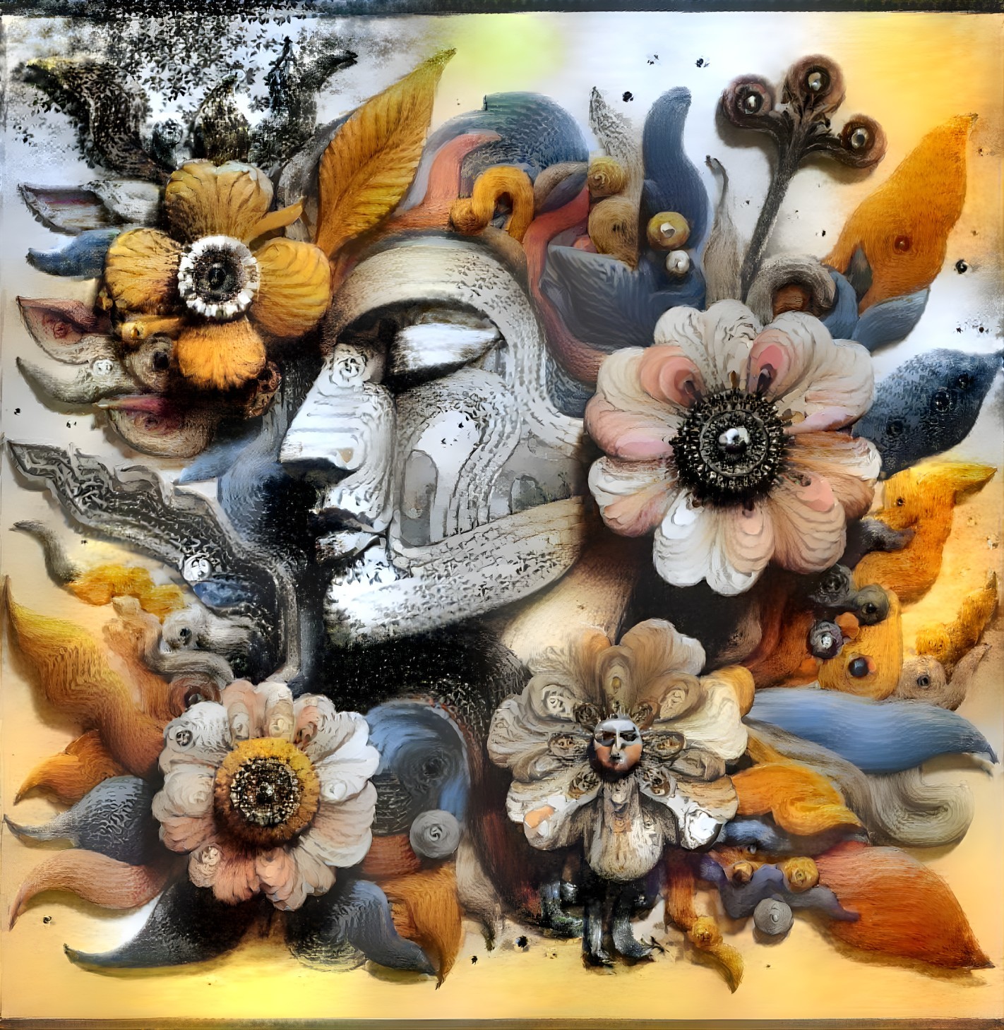 Surreal Composition of Floral and Human Facial Elements