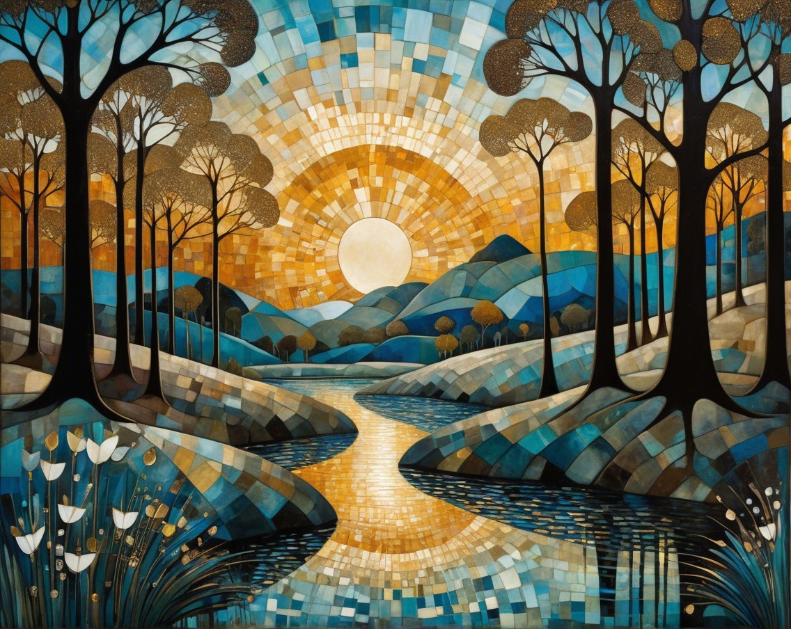 Vibrant Abstract Landscape with Sun and River