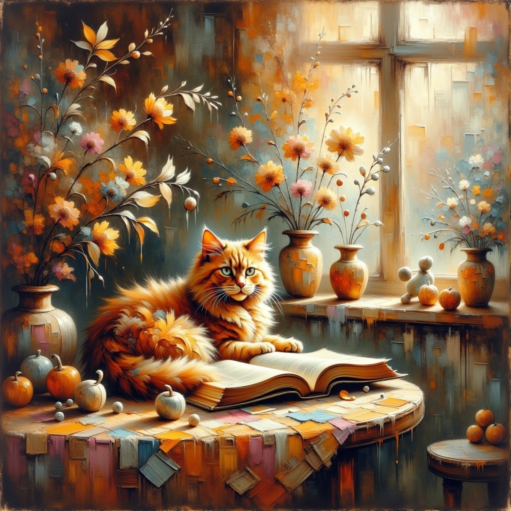 Fluffy Orange Cat on Open Book with Flower Vases