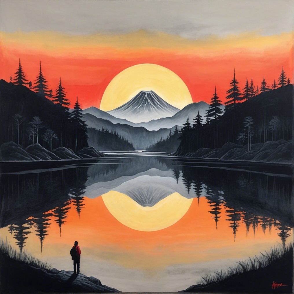 Tranquil Lake Landscape with Sunset and Mountains