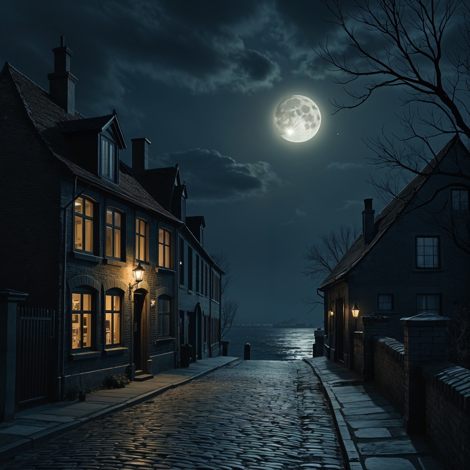 Moonlit Cobblestone Street with Cozy House Lights