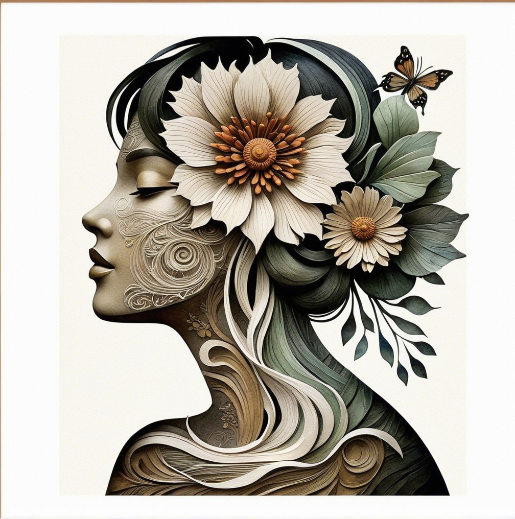 Elegant Woman Profile with Floral Designs and Butterfly