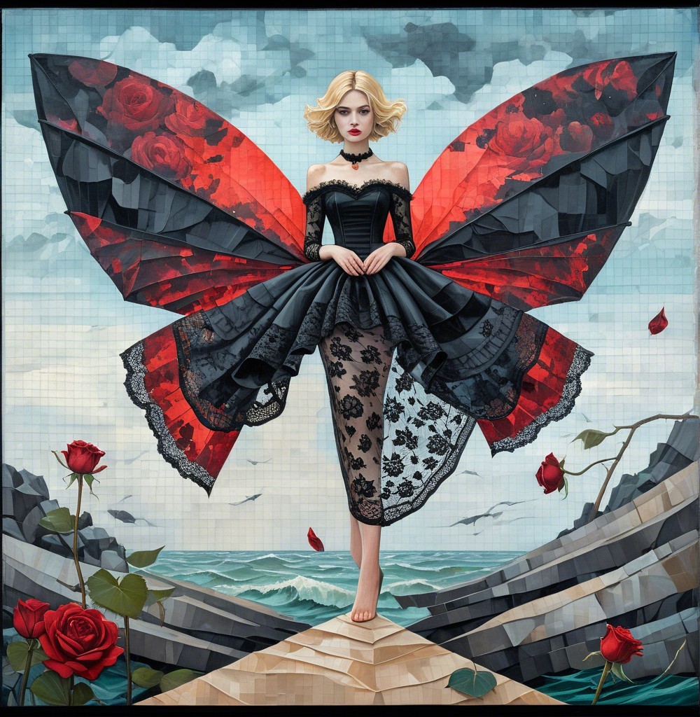 Woman with butterfly wings on a stone platform