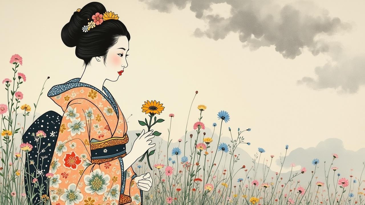 Woman in Colorful Kimono in Wildflower Field