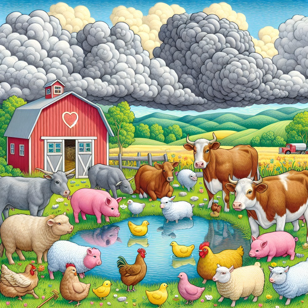 Vibrant Farm Scene with Animals and Serene Pond
