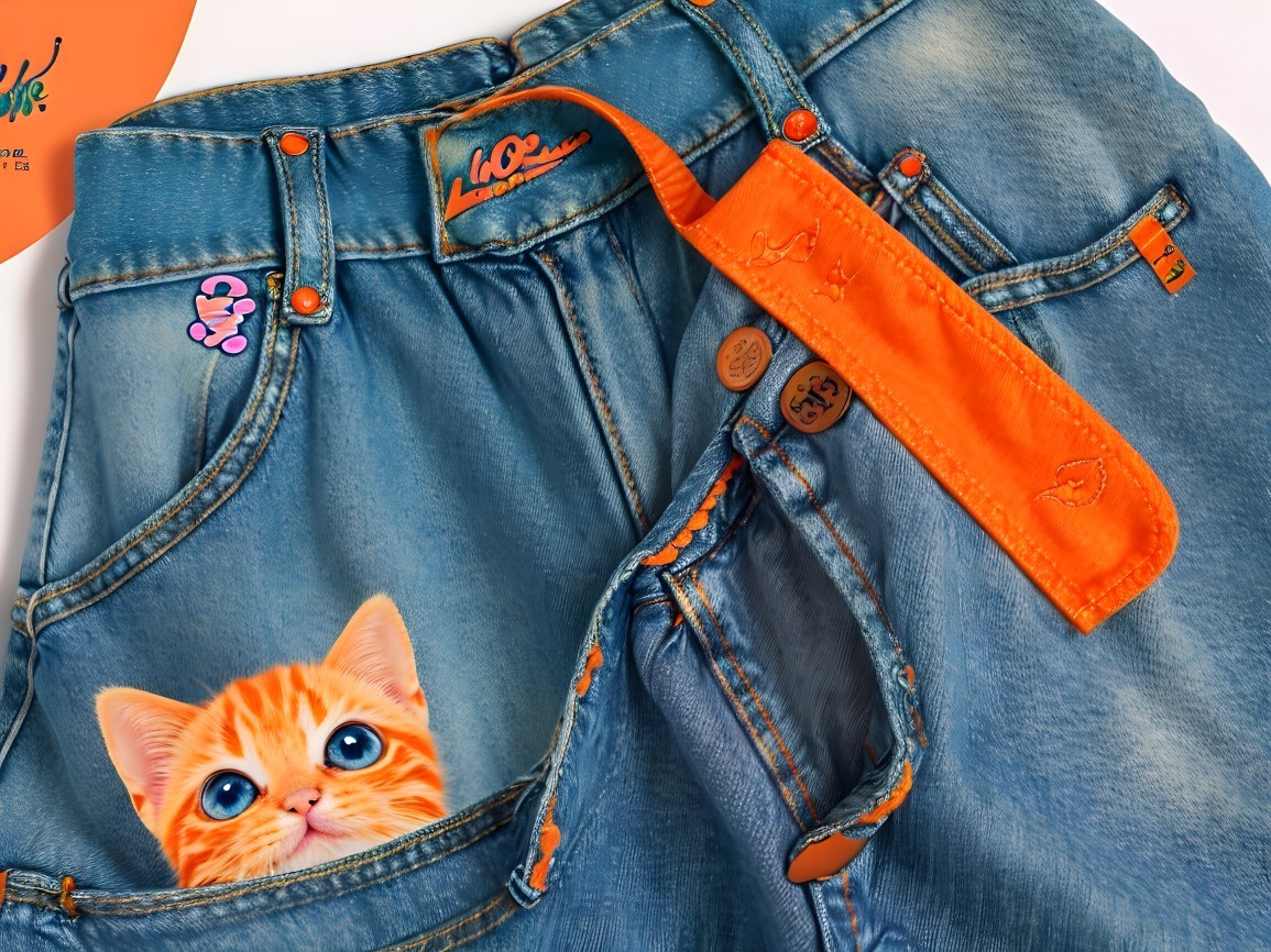Close-Up of Playful Blue Denim Shorts with Kitten