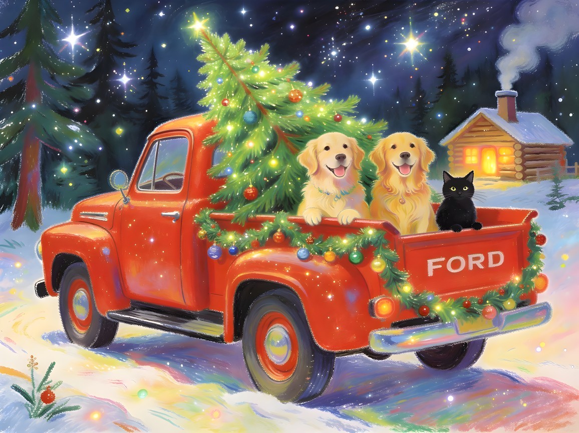 Vintage Ford Pickup Truck in Christmas Scene