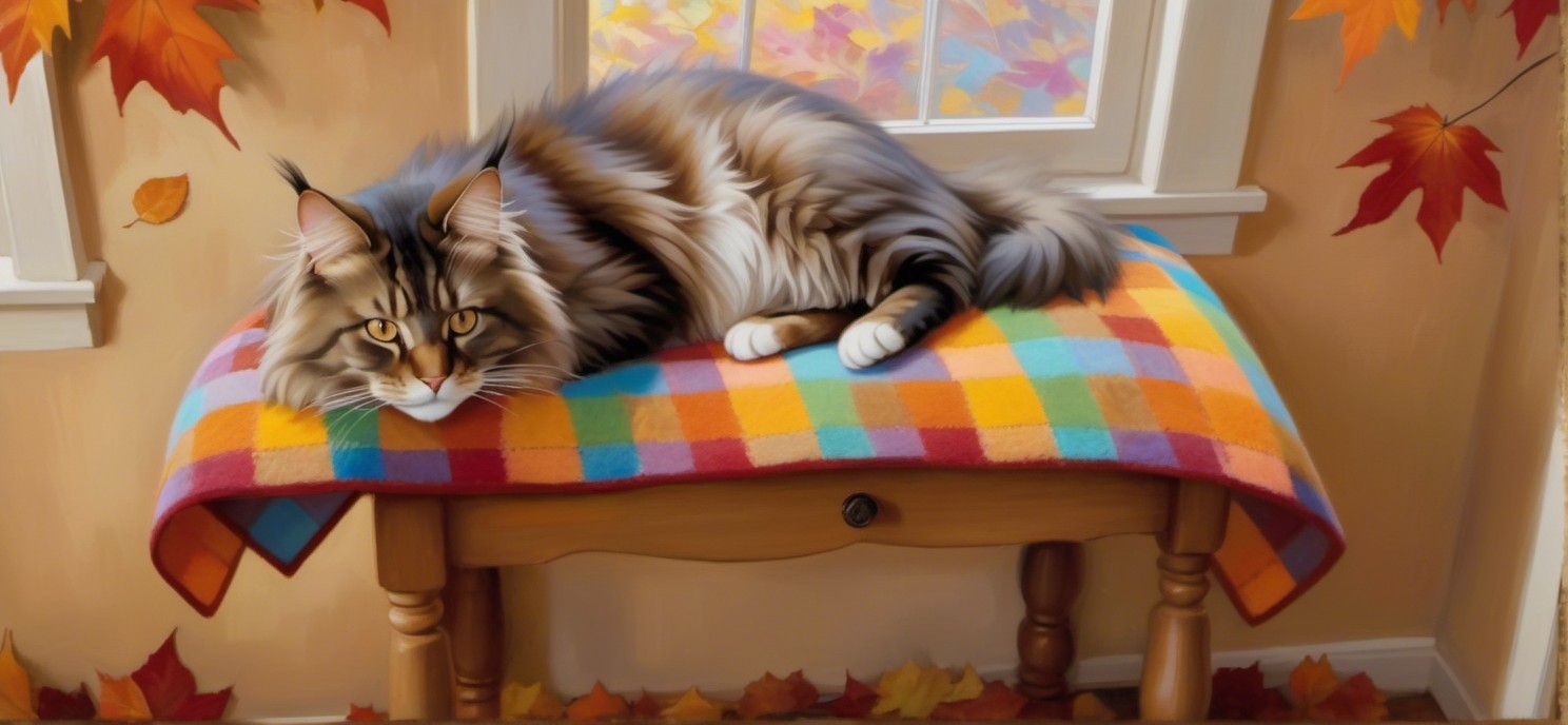Maine Coon Cat on Colorful Blanket with Autumn Leaves