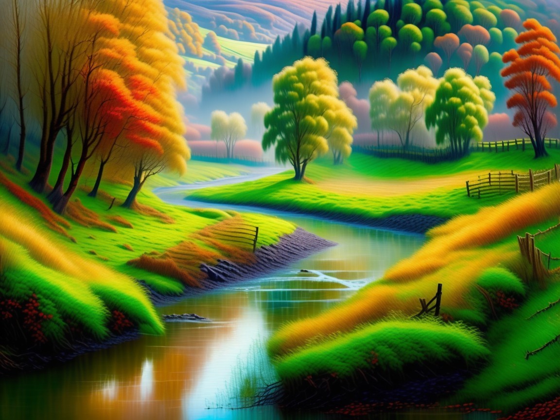 Vibrant Autumn Landscape with Winding River and Hills