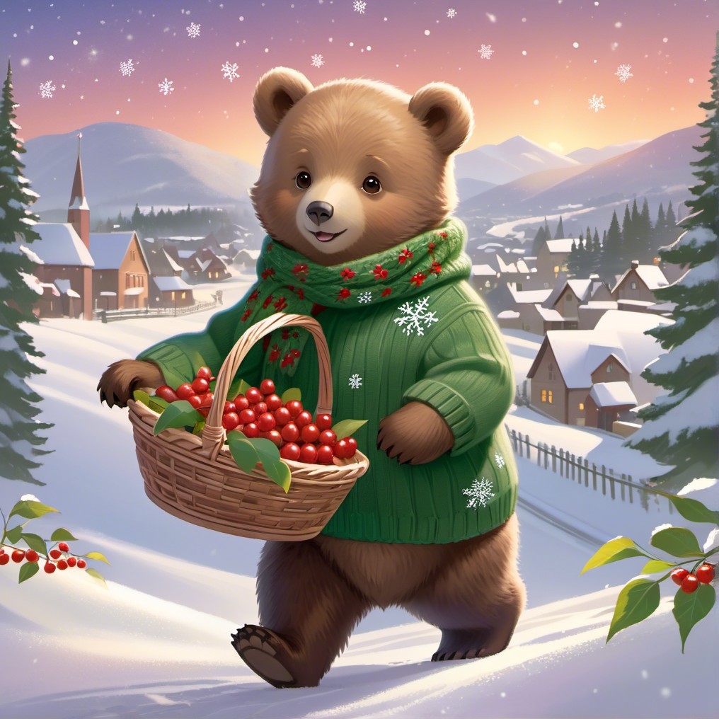 Bear in Green Sweater in Snowy Village Landscape