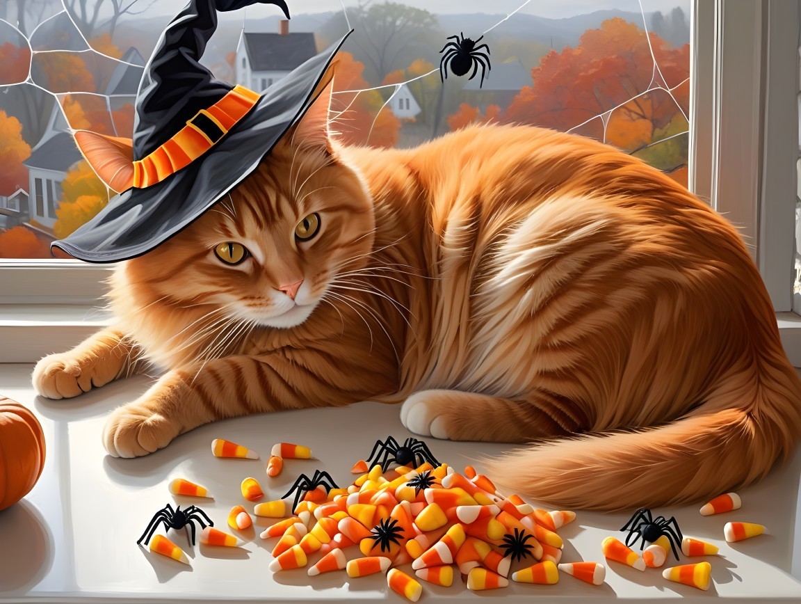 Cozy Autumn Scene with Cat and Halloween Decor