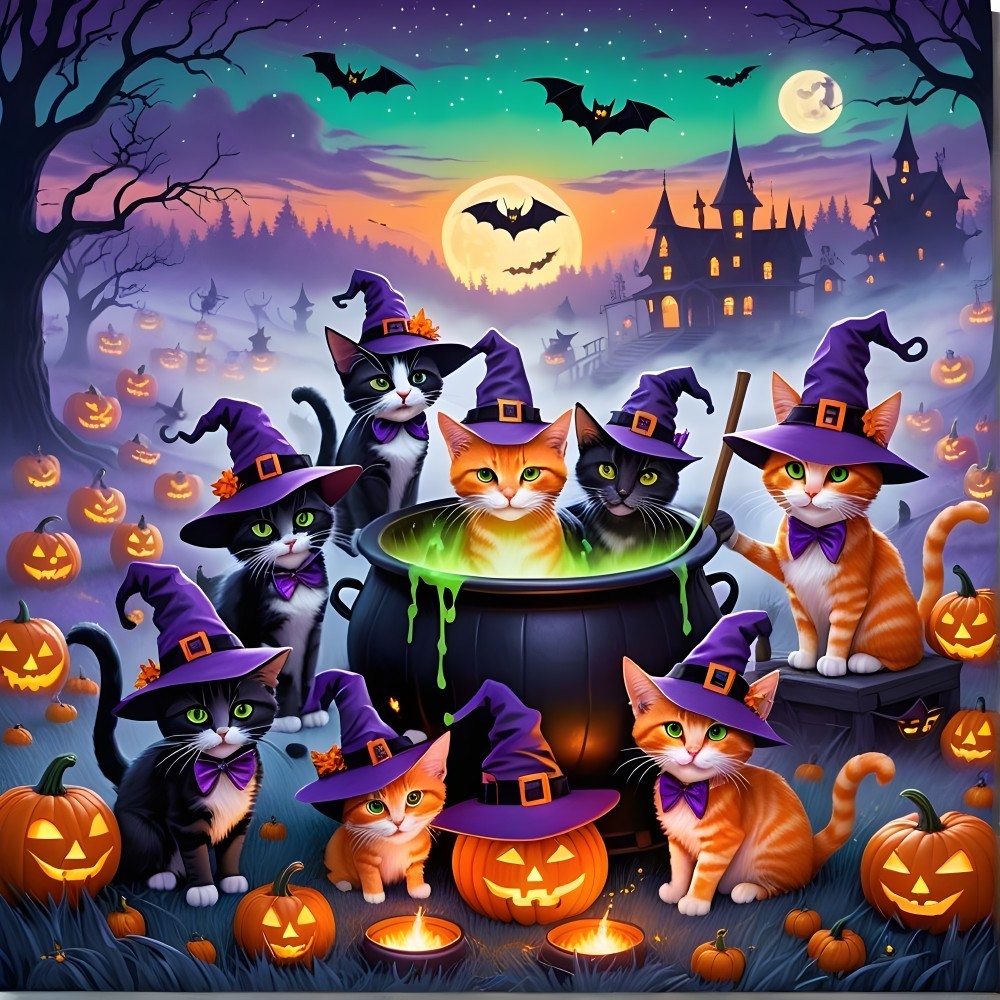 Whimsical Halloween Scene with Cats and Cauldron