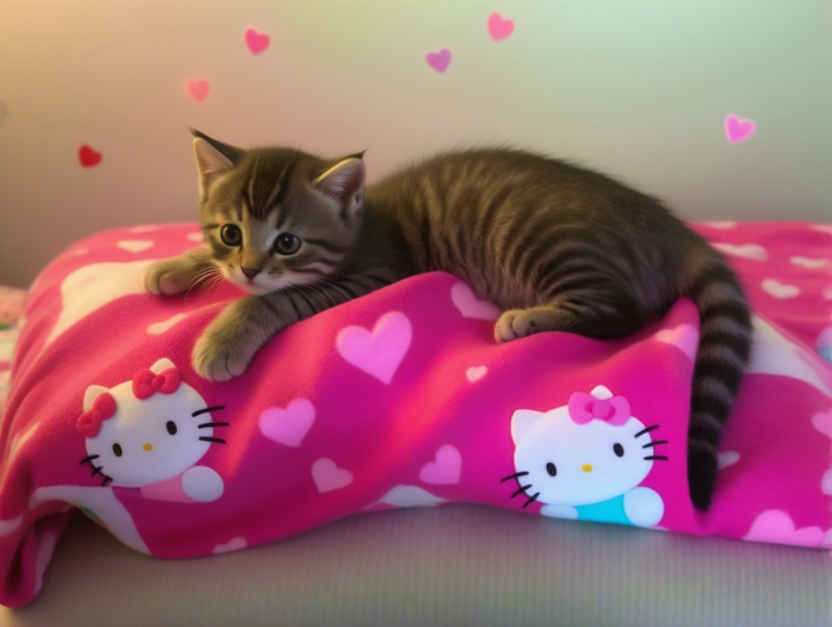 Striped Kitten on Pink Hello Kitty Blanket Scene