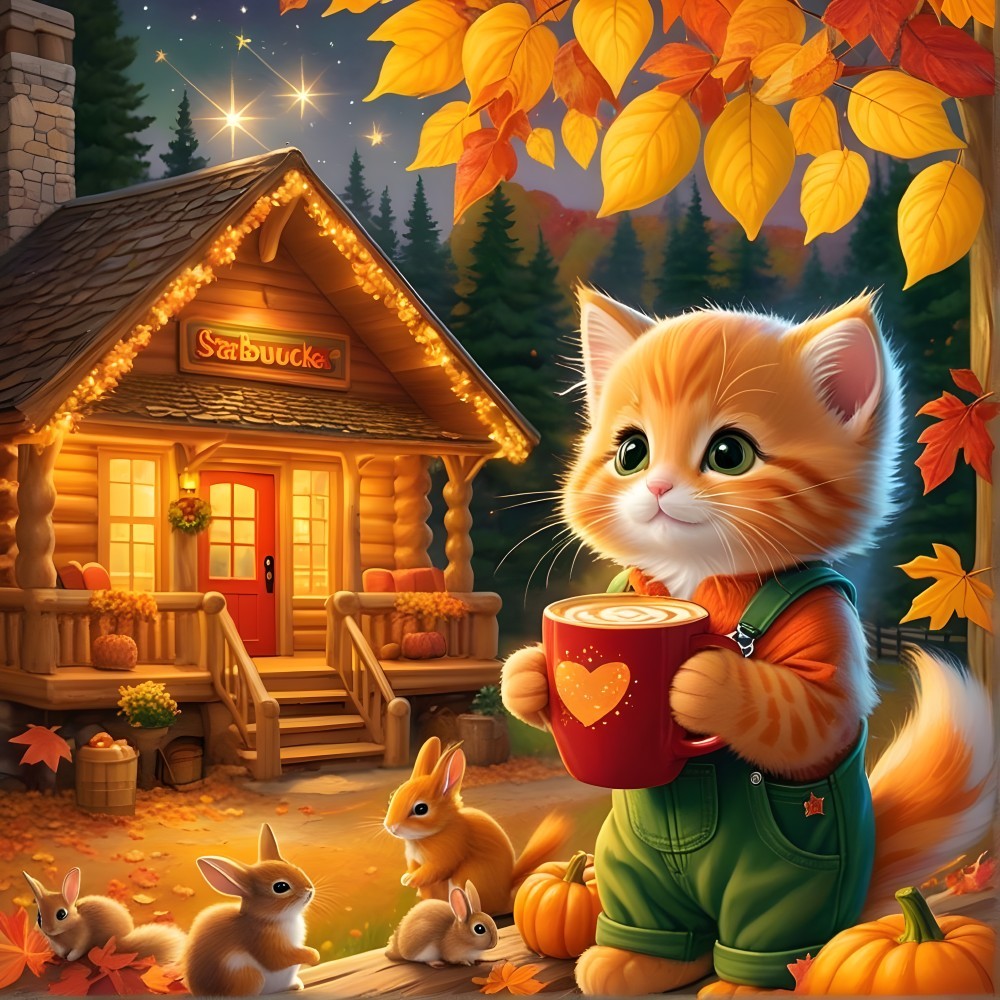 Orange Kitten in Cozy Overalls Amid Autumn Scenery