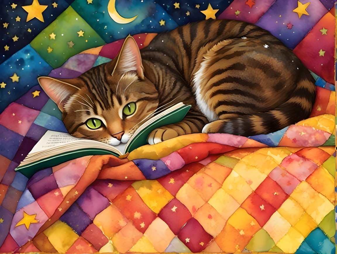 Tabby Cat Reading on a Colorful Quilt at Night