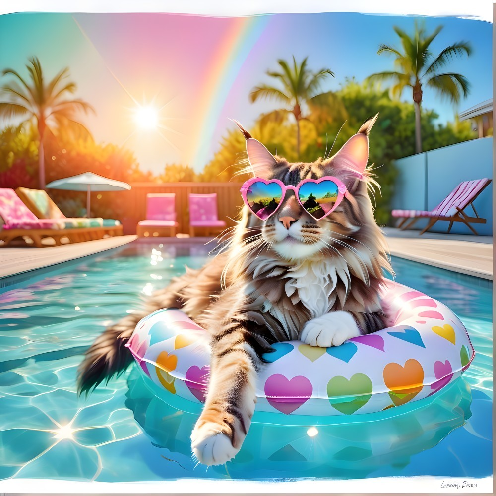 Cat on Heart-Patterned Float in Vibrant Pool Scene
