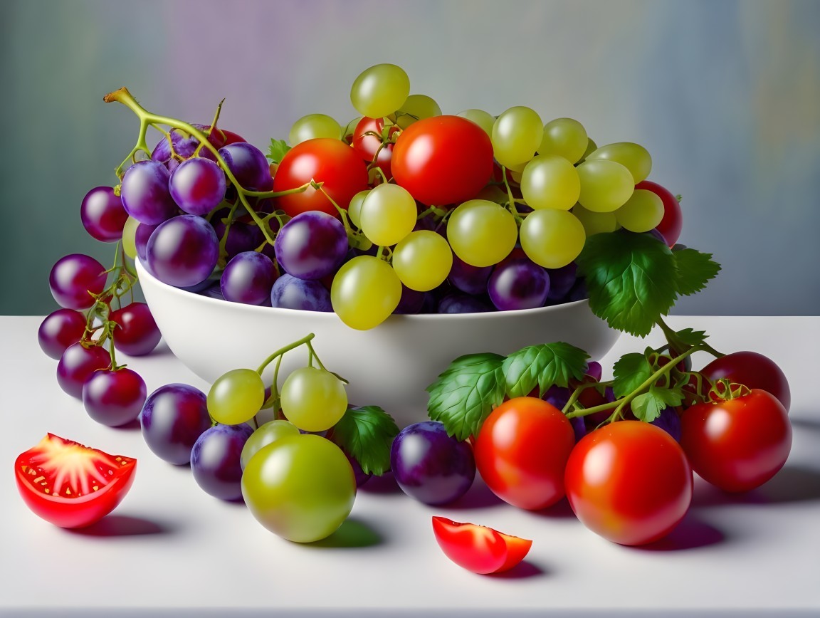 Vibrant Bowl of Mixed Grapes and Fresh Produce