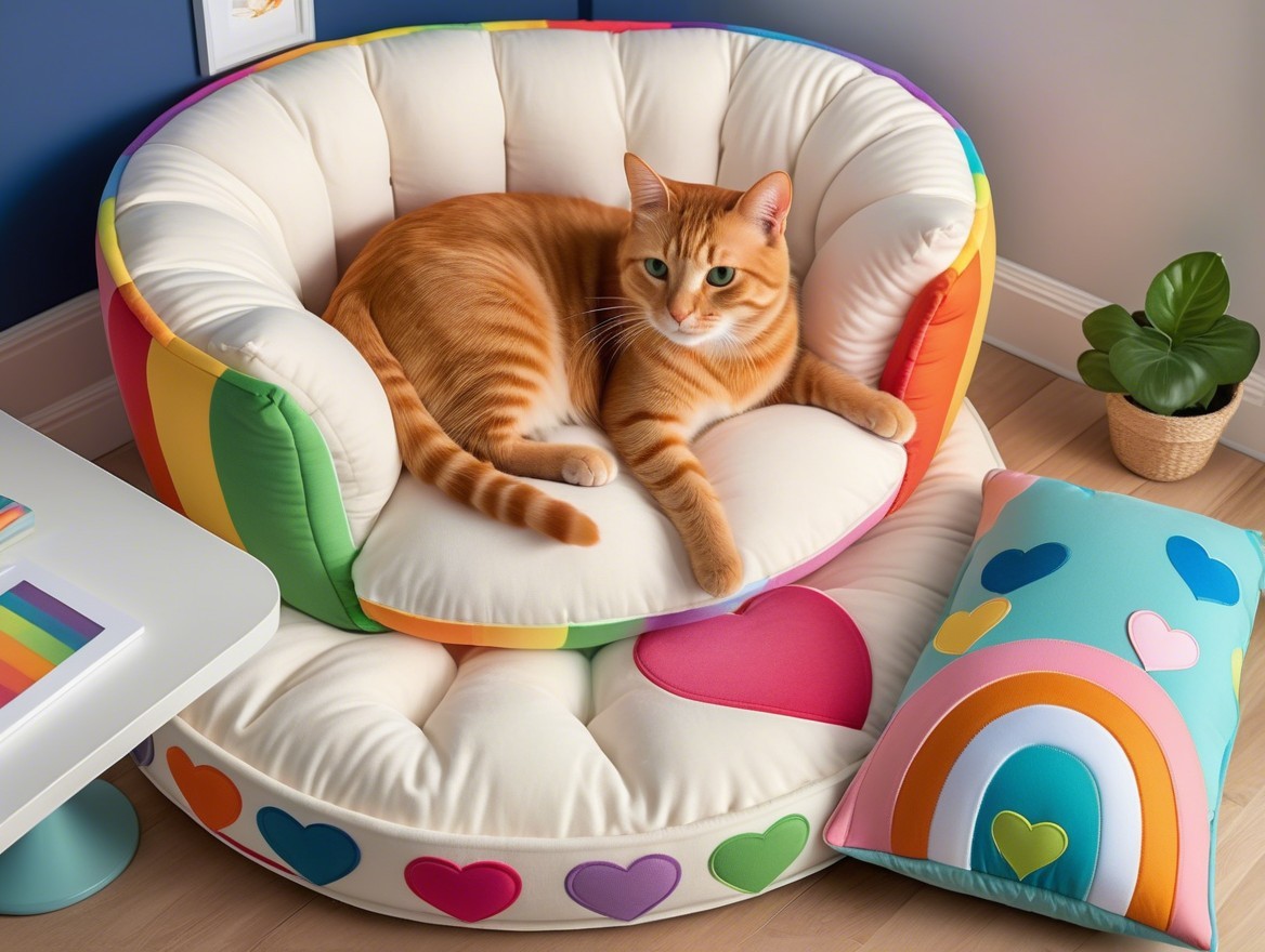 Rainbow-Themed Cat Bed with Plush Design and Decor