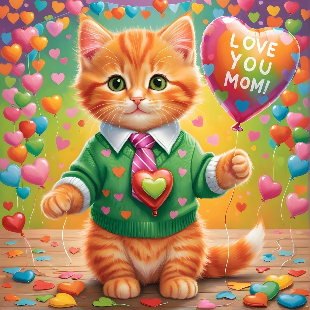 Orange Tabby Kitten with Heart Balloon in Sweater