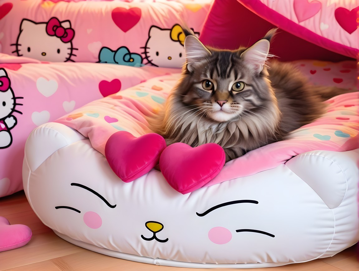 Maine Coon Cat on Hello Kitty Pink Cat Bed
