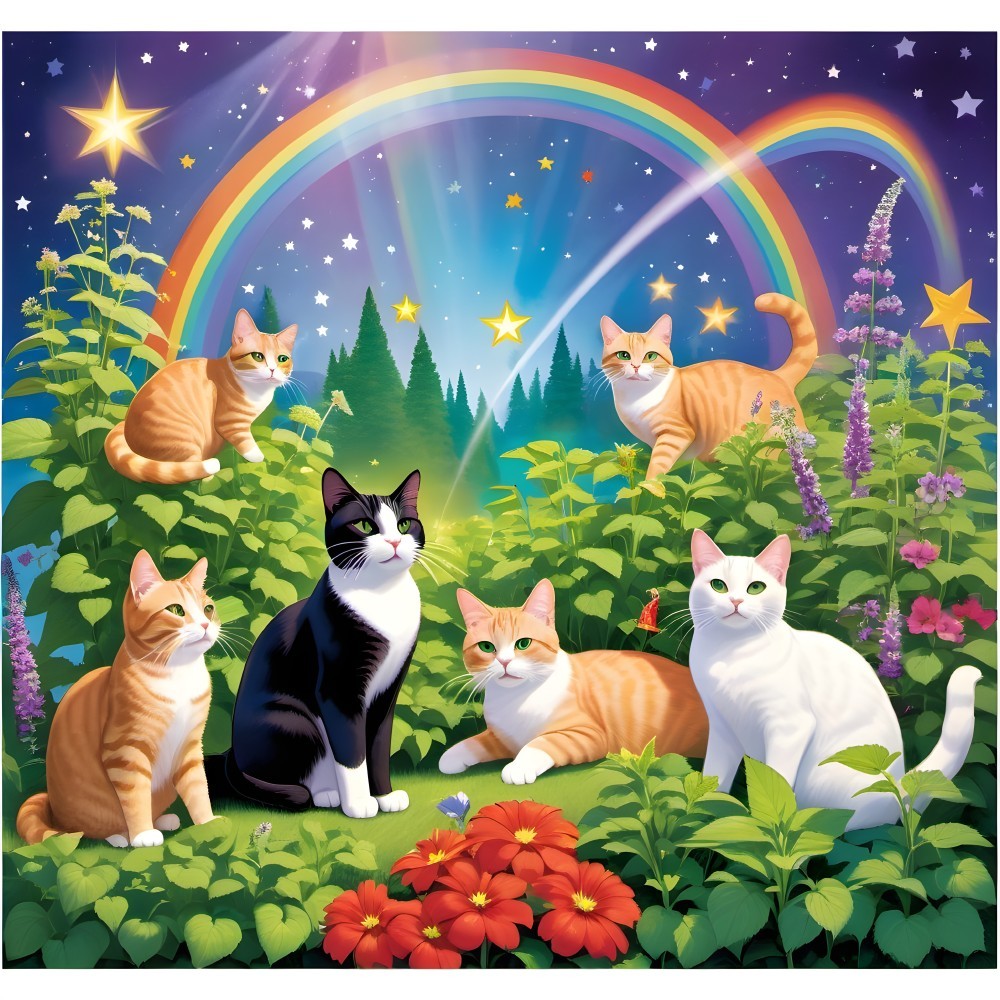 Five Cats in a Colorful Landscape with a Rainbow