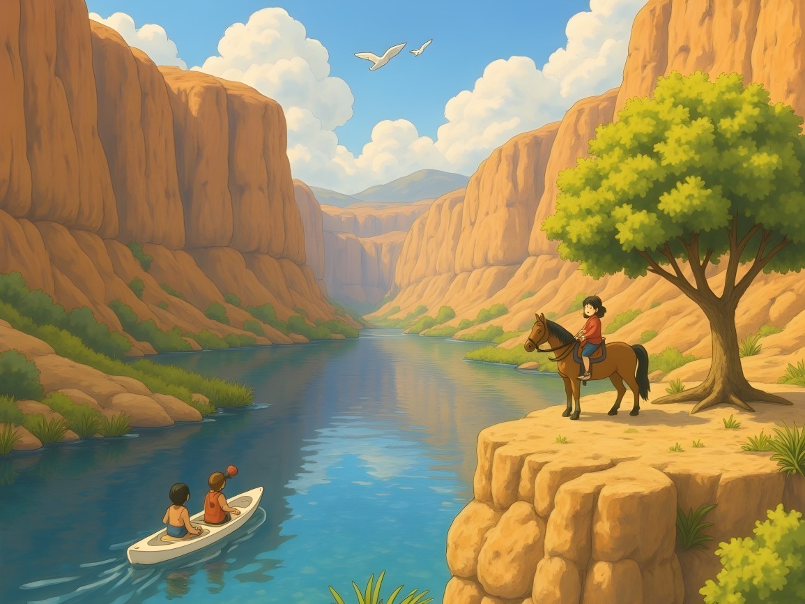 Serene River Landscape with Canyon and Horseback Child