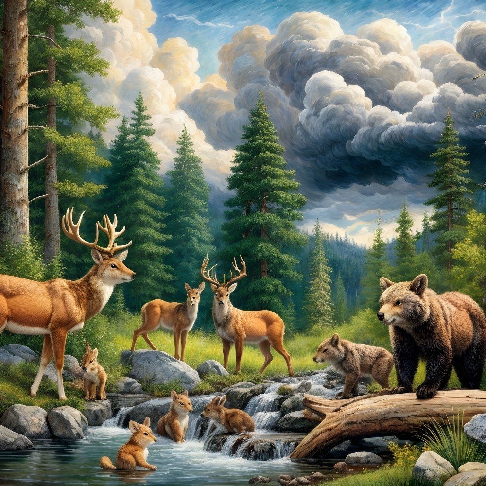 Wildlife Gathering by a Stream in a Forest Setting