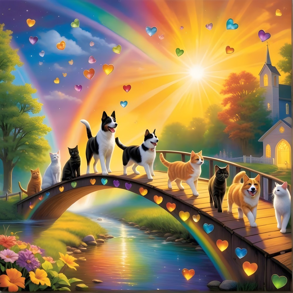 Joyful Dogs and Cats on a Colorful Bridge Scene
