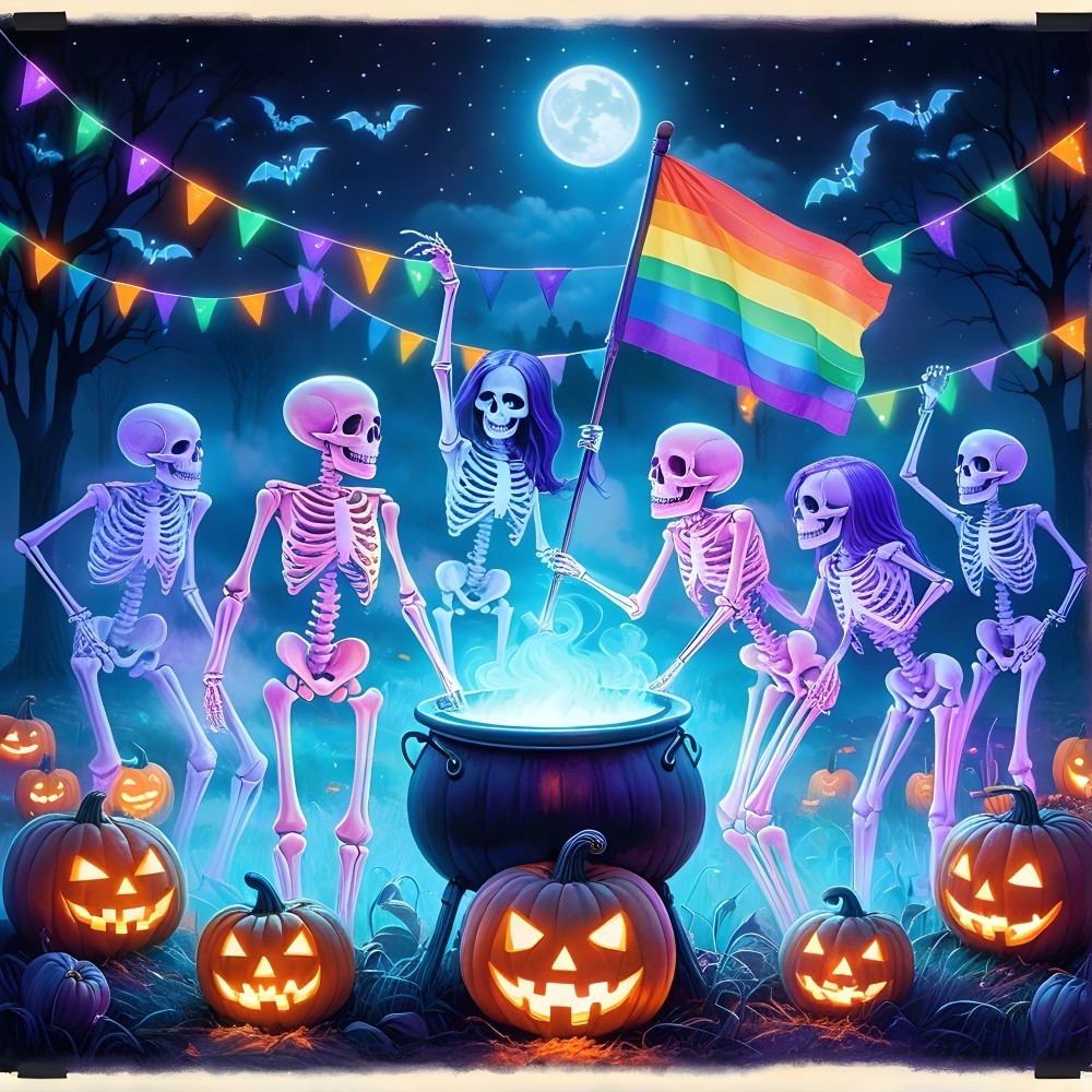 Whimsical Halloween Scene with Skeletons and Pumpkins