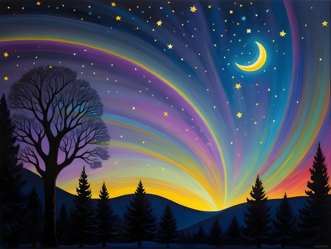 Vibrant Night Sky with Moon and Silhouetted Trees