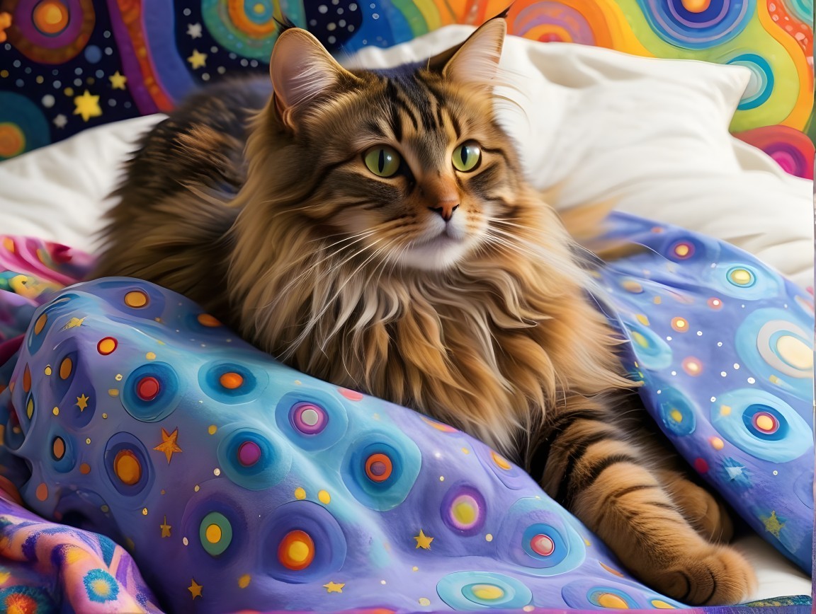 Maine Coon Cat on Colorful Cosmic Bedspread
