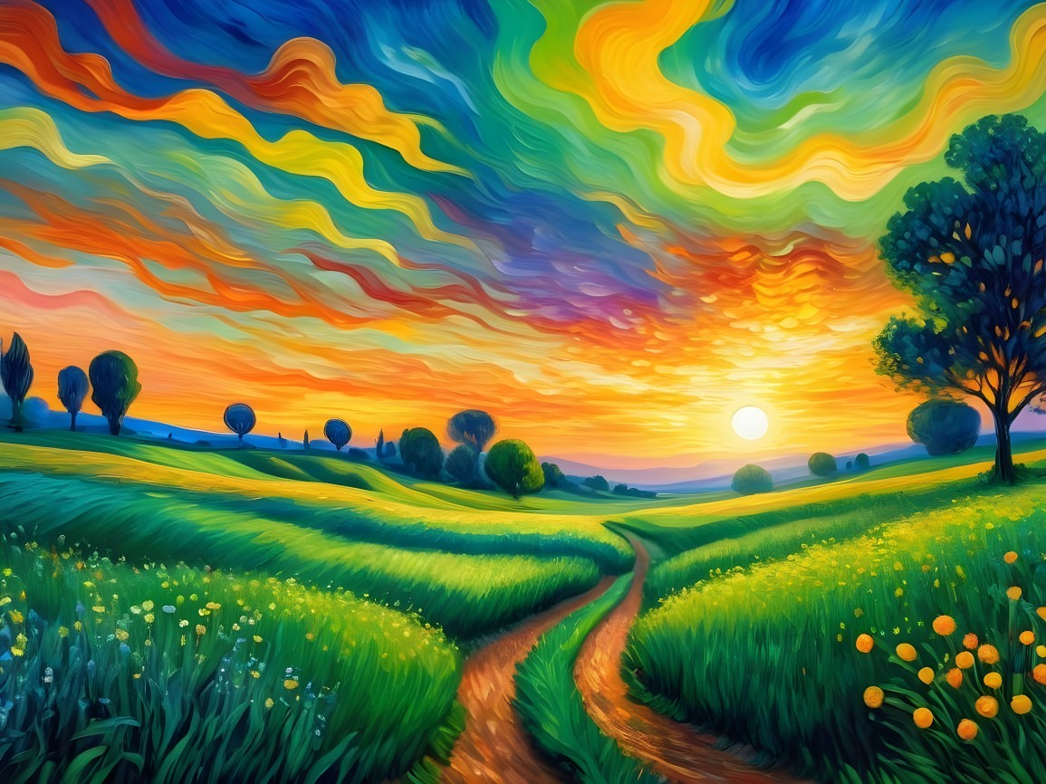 Vibrant Sunset Landscape with Rolling Green Hills