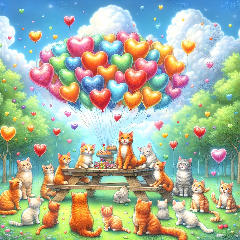 Cats Celebrating with Cake in a Sunny Park Scene
