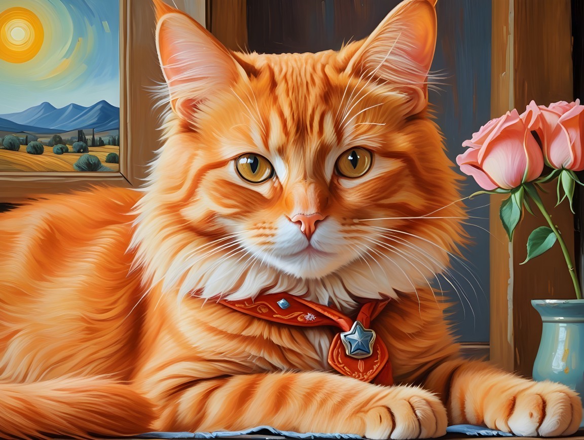Fluffy Orange Cat with Amber Eyes in Cozy Setting