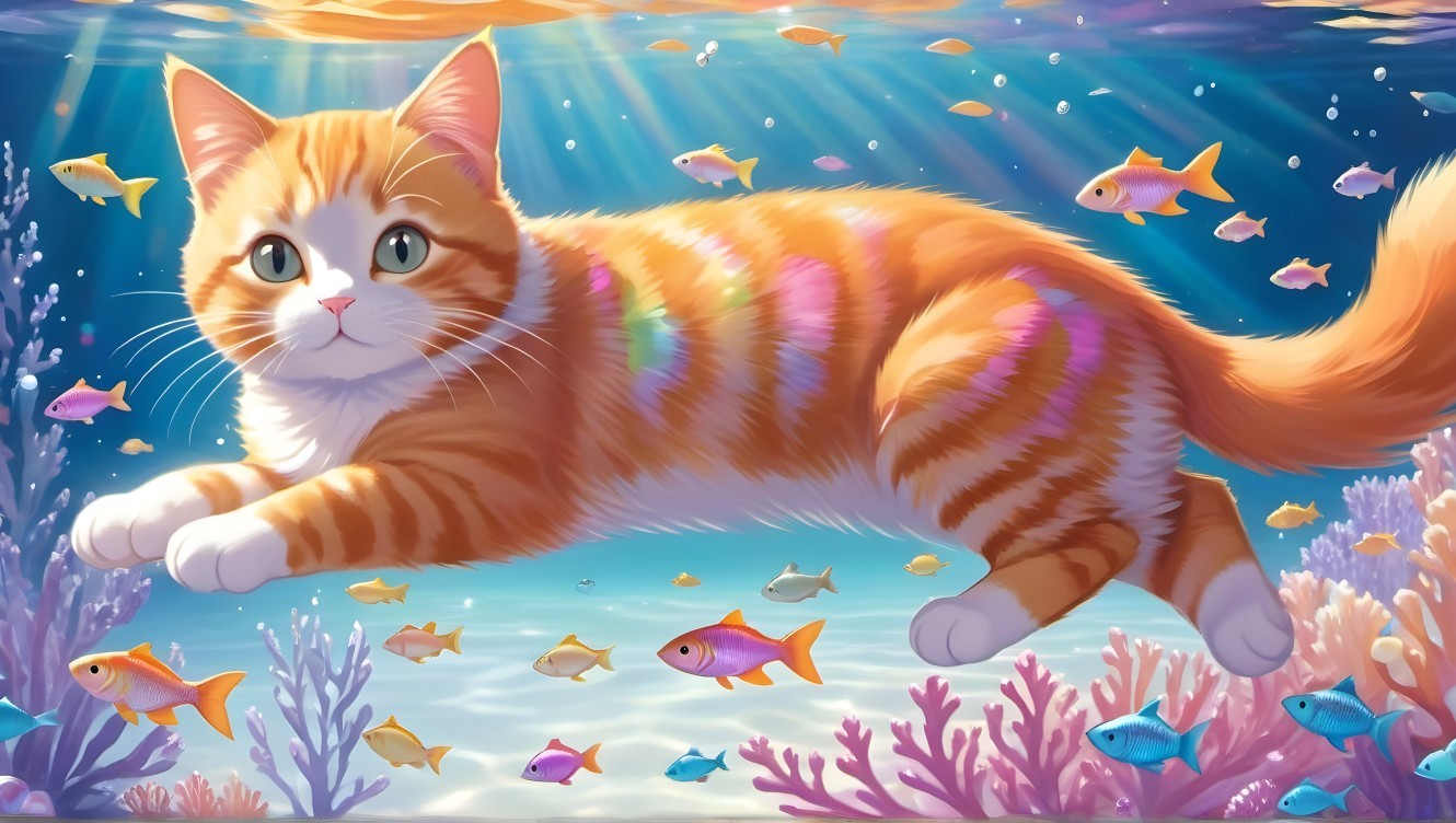 Underwater Scene with Orange Tabby Cat and Marine Life