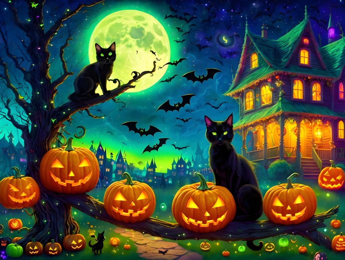 Spooky Halloween Scene with Cats and Pumpkins