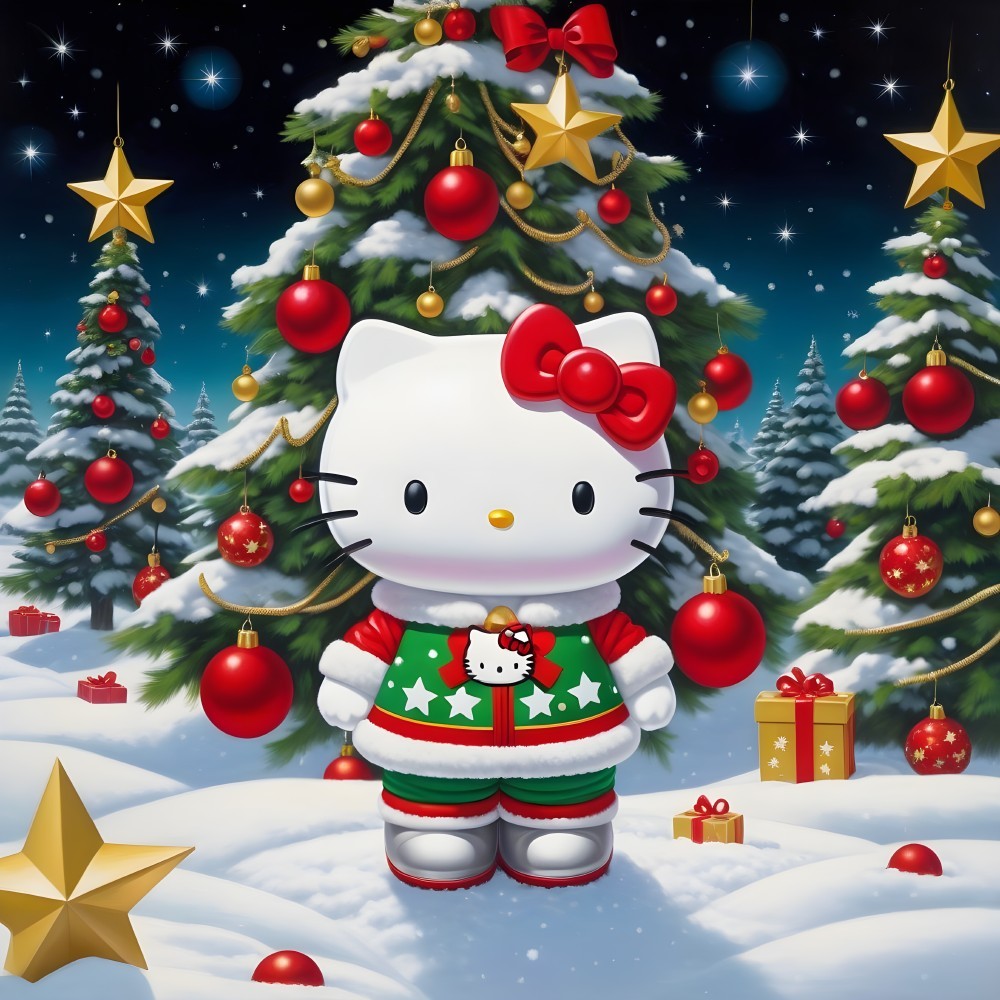 Hello Kitty in Christmas Attire in Snowy Forest Scene