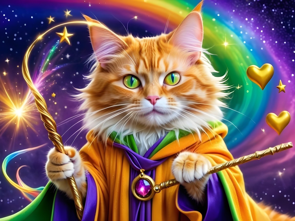 Ginger Cat in Cape with Wands Against Cosmic Backdrop