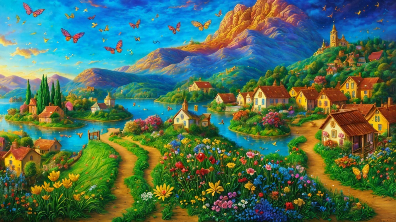 Vibrant Village Landscape with Hills and Serene Lake
