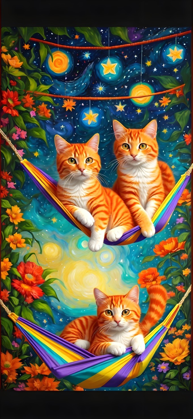 Orange Tabby Cats in Colorful Hammocks Under Stars