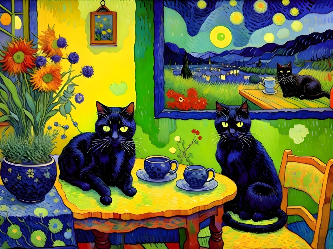 Vibrant Scene of Cats, Sunflowers, and Starry Night